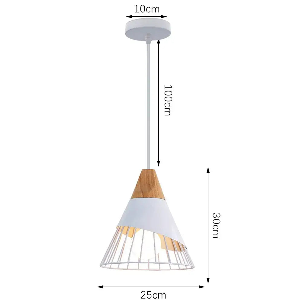 Minimalist crisp white pendant light with wood accent and metal cage, 30cm length and 25cm width for kitchen island