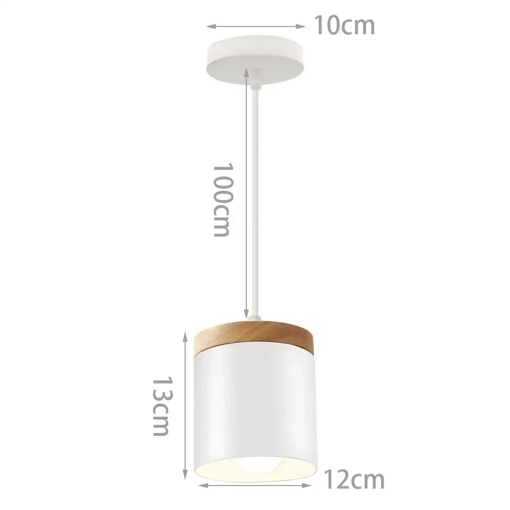 Minimalist crisp white pendant light with wood accent and 10cm diameter ceiling mount for kitchen island lighting