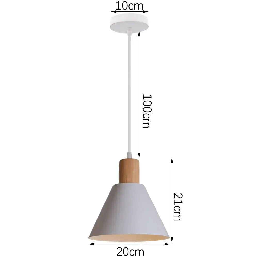 Minimalist crisp white pendant light with wood accent and matte finish designed for kitchen island lighting