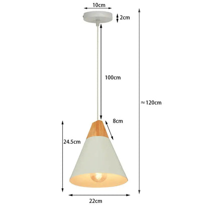 Minimalist pendant light with crisp white conical shade and wood accent top, ideal for kitchen island lighting