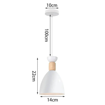 Minimalist pendant light with crisp white matte finish and wood accent featuring sleek geometric design for kitchen island