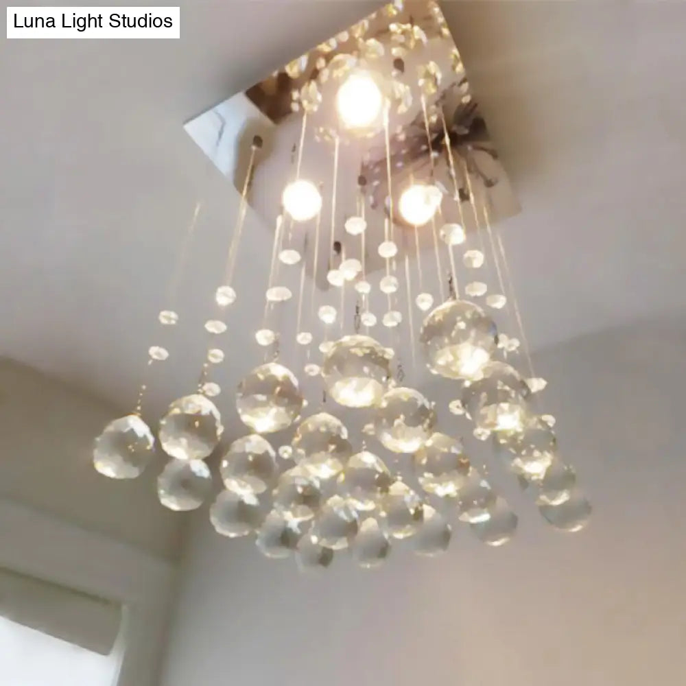 DecorBites™ DecorBites™ Minimalist Crystal Ball Flush Mount Ceiling Light Fixture with 3 Lights - Living Room, Square Design, Nickel Finish