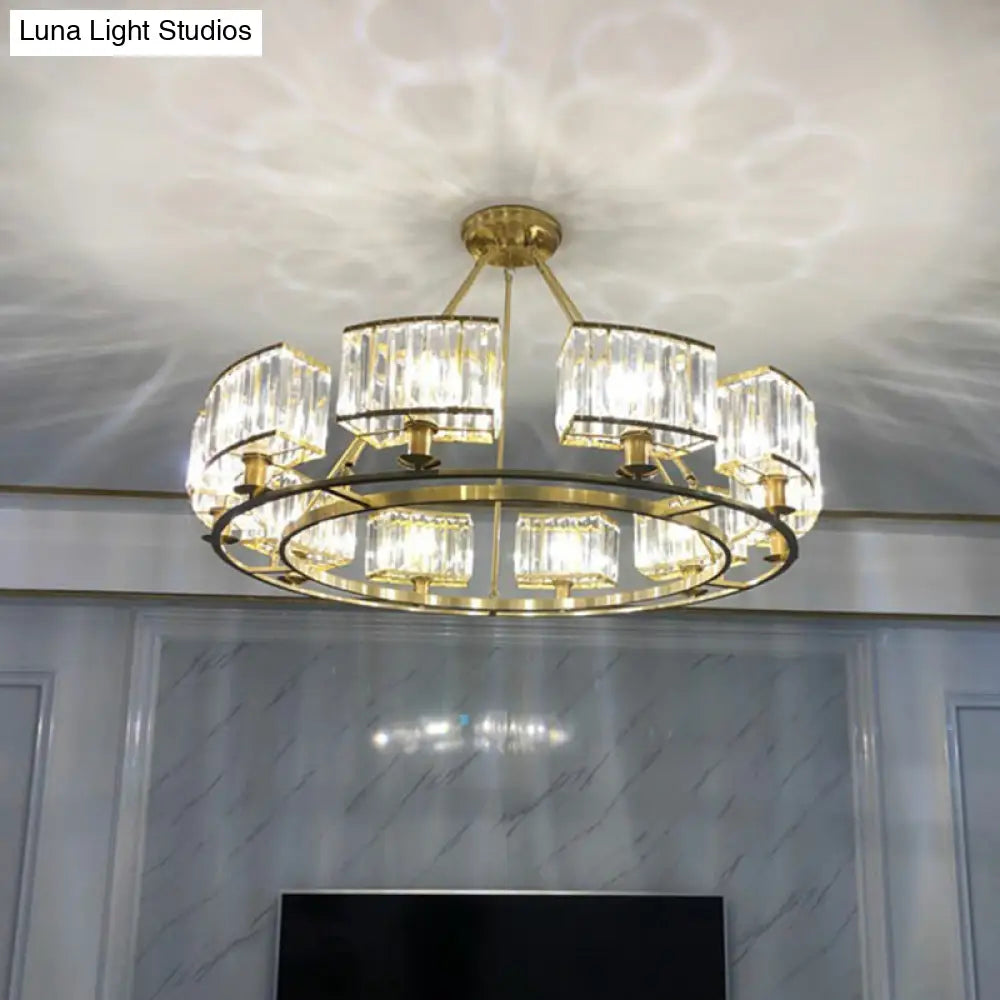 Minimalist Crystal Block Chandelier with Gold Finish - Ceiling Lamp for Living Room