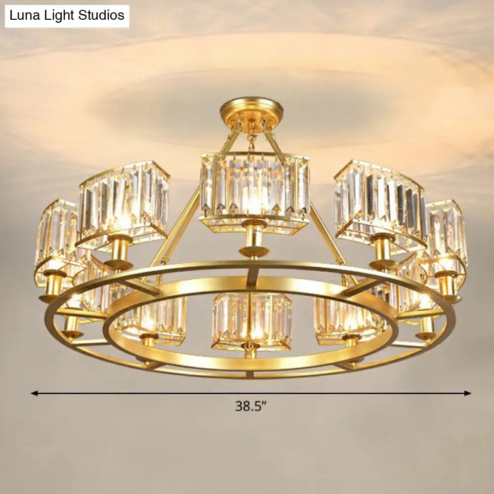 Minimalist Crystal Block Chandelier with Gold Finish - Ceiling Lamp for Living Room