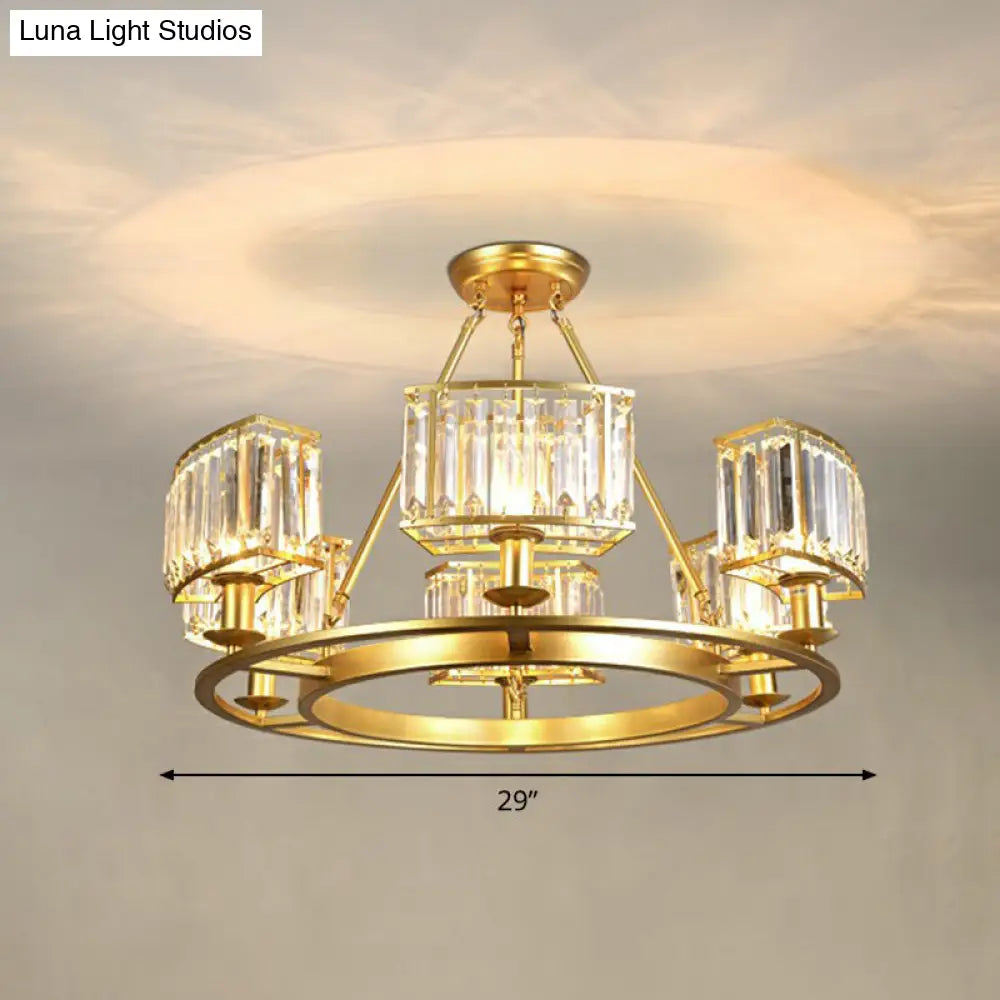 Minimalist Crystal Block Chandelier with Gold Finish - Ceiling Lamp for Living Room