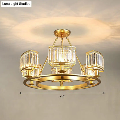 Minimalist Crystal Block Chandelier with Gold Finish - Ceiling Lamp for Living Room