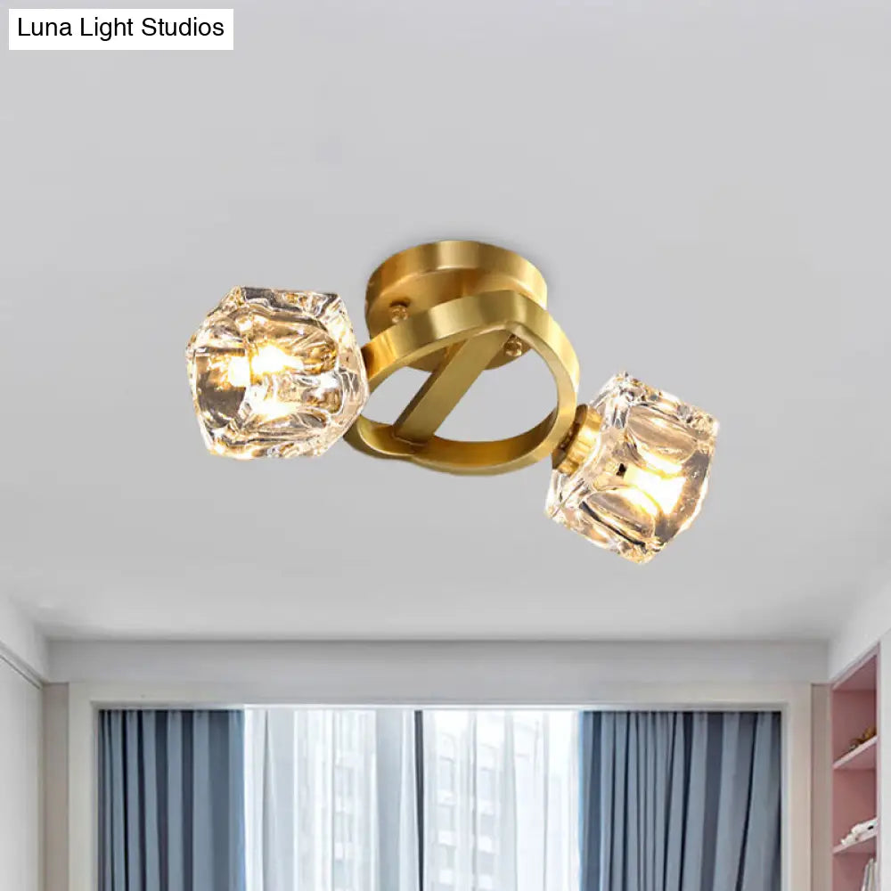 Lámpara de techo minimalista DecorBites™ de dos luces con bloque de cristal en latón - Montaje semiempotrado