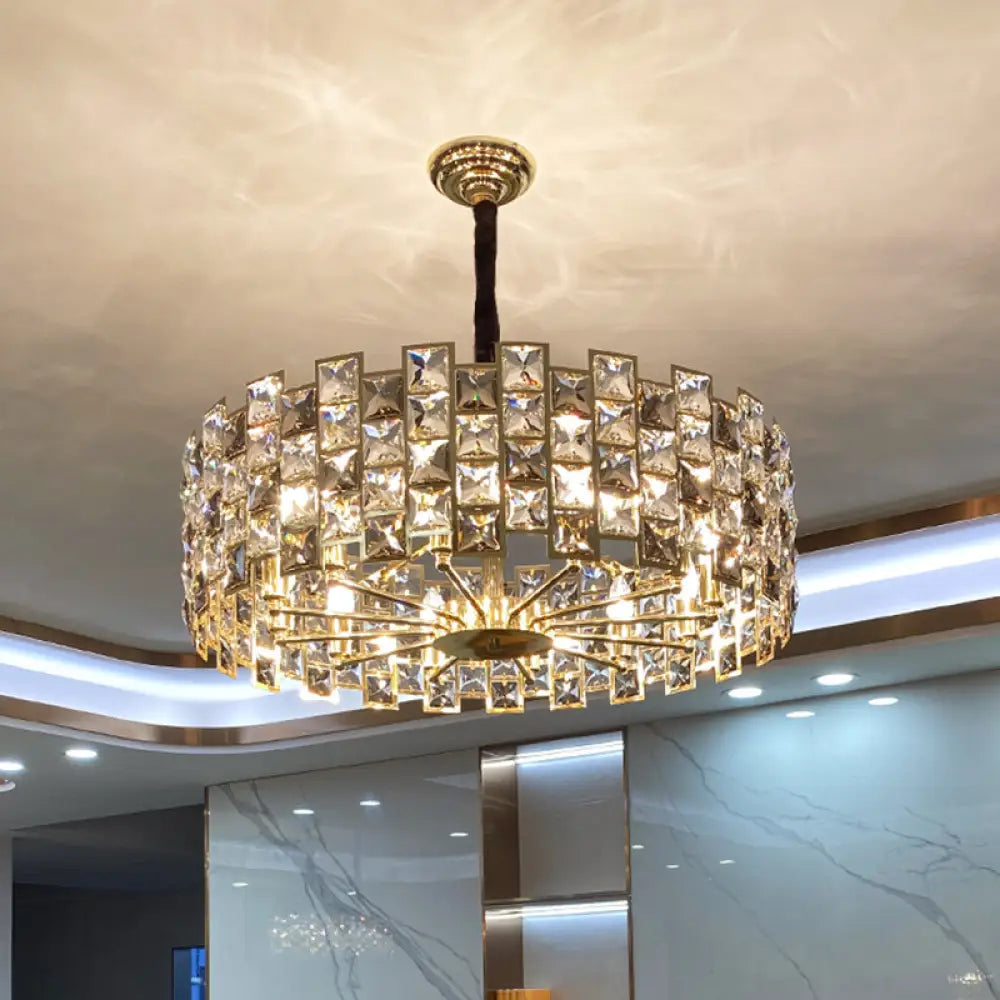 Minimalist Crystal Chandelier Pendant - Black Drum Shape with Rectangular Suspension - Ideal for Living Rooms