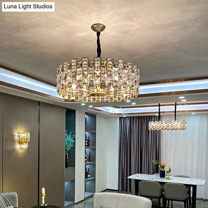 Minimalist Crystal Chandelier Pendant - Black Drum Shape with Rectangular Suspension - Ideal for Living Rooms