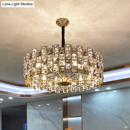 Minimalist Crystal Chandelier Pendant - Black Drum Shape with Rectangular Suspension - Ideal for Living Rooms