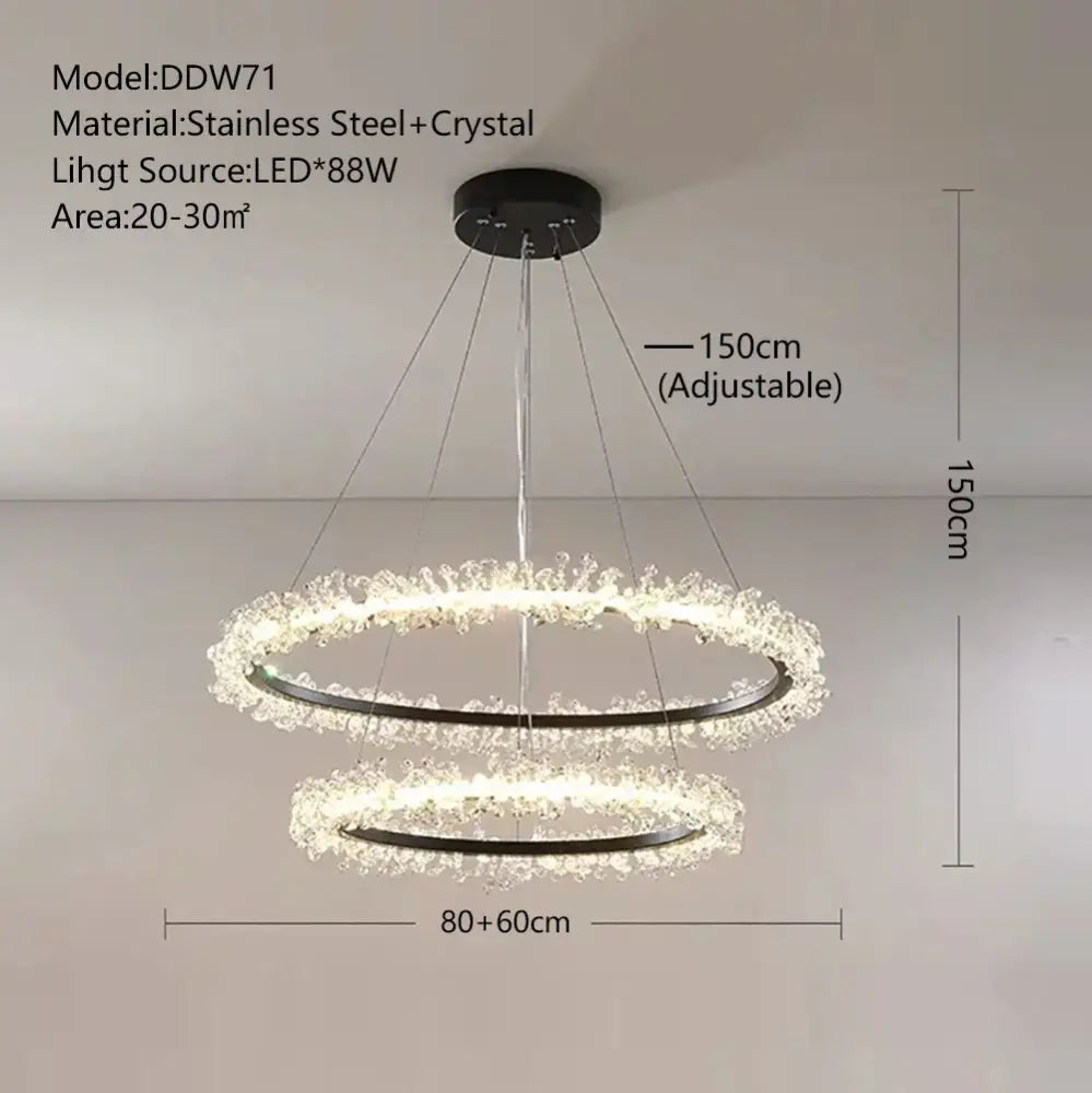 Modern minimalist crystal gold black double-ring chandelier with black stainless steel frames and adjustable height 150cm