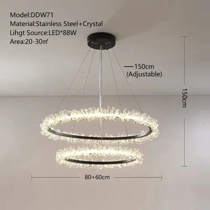 Modern minimalist crystal gold black double-ring chandelier with black stainless steel frames and adjustable height 150cm