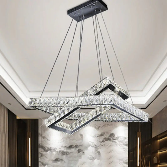 Minimalist Crystal LED Black Rectangle Chandelier Pendant Light for Dining Room