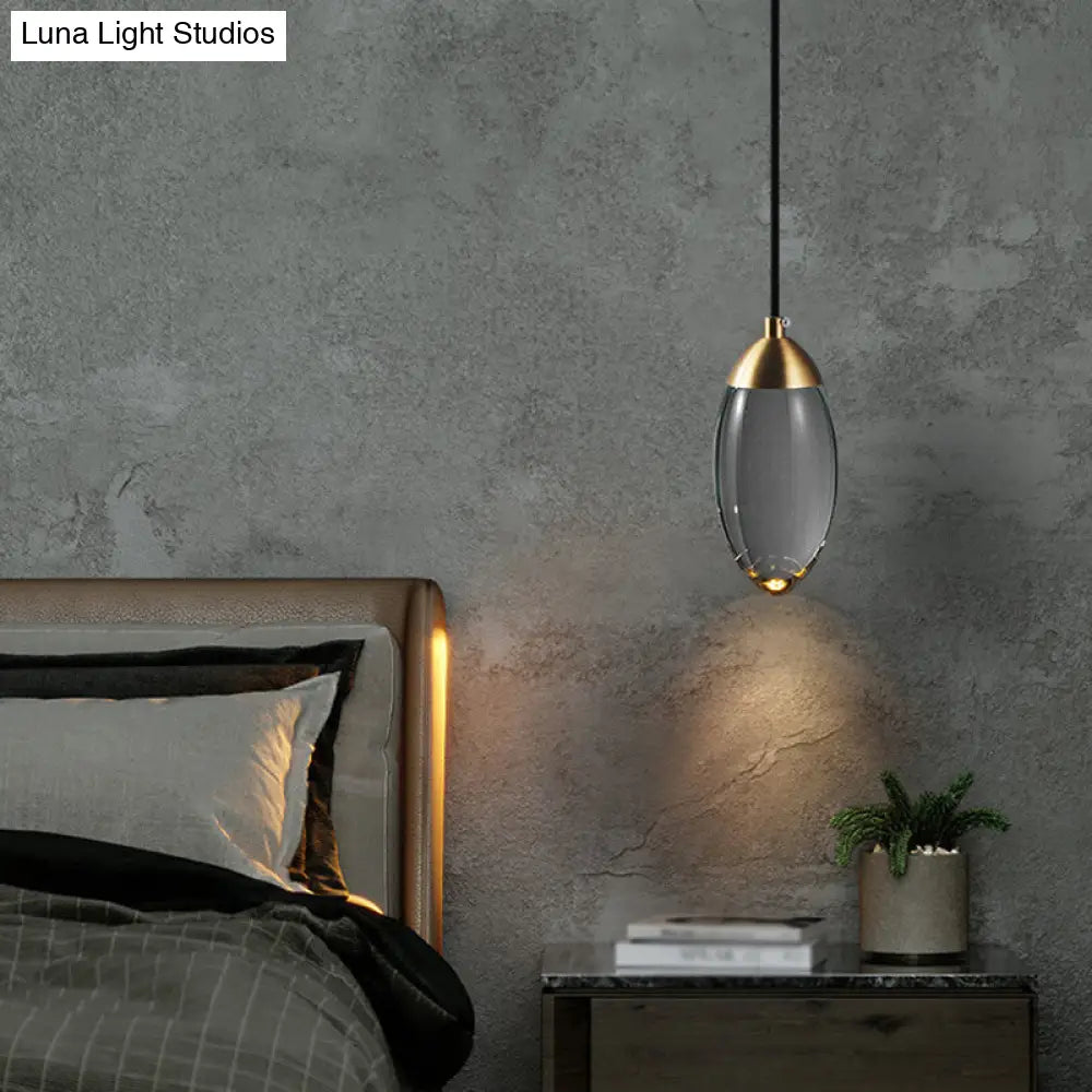 Minimalist Crystal LED Brass Ceiling Pendant - Oval Mini Suspension Lighting for Bedroom