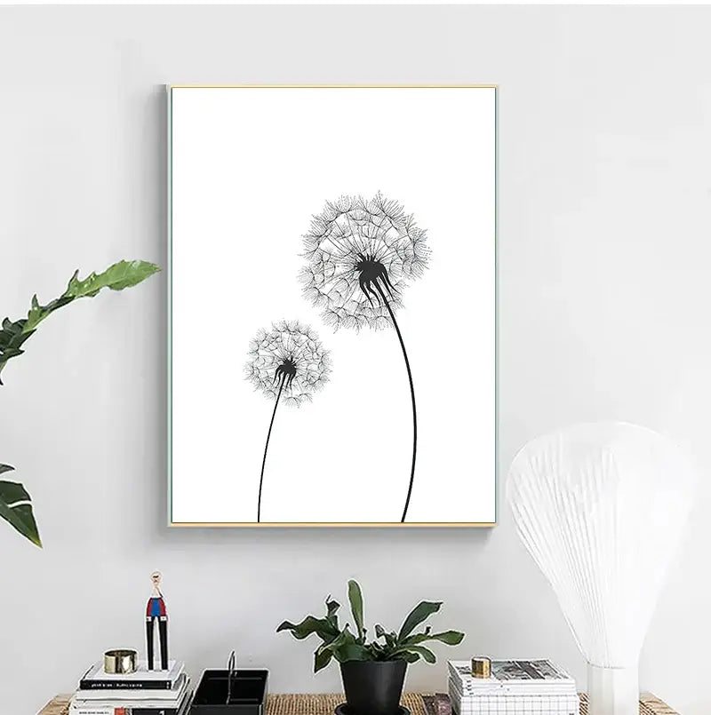 Decorbites™ minimalist dandelion black-and-white canvas wall art set featuring two delicate seed heads on white background