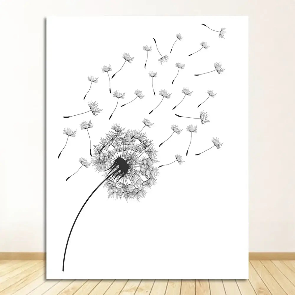Black-and-white minimalist dandelion canvas wall art by DecorBites™ featuring seeds blowing away on a line art print