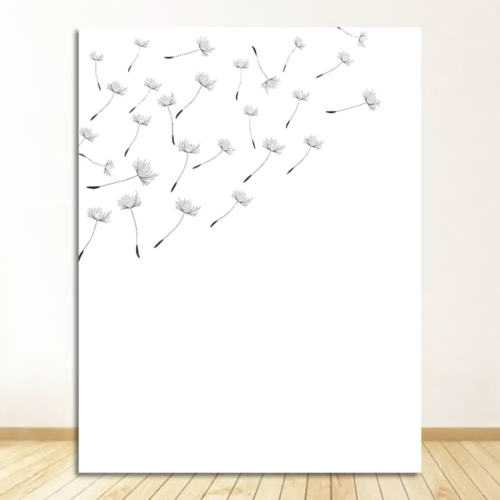 Black ink drawn minimalist dandelion illustrations on white canvas wall art from decorbites minimalist dandelion set