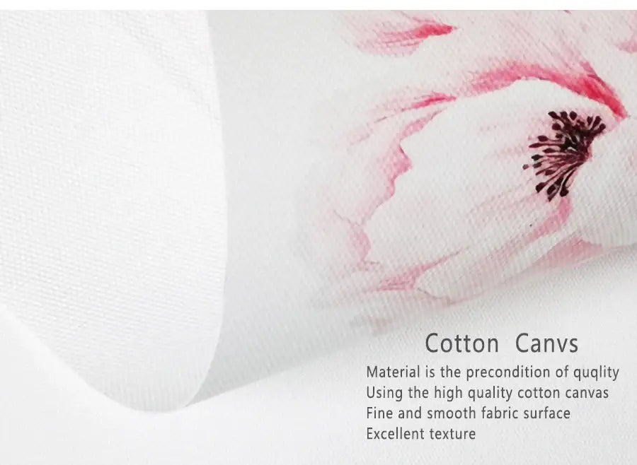 A soft white cotton canvas wall art with delicate pink floral print and dark center details from DecorBites minimalist dandelion set