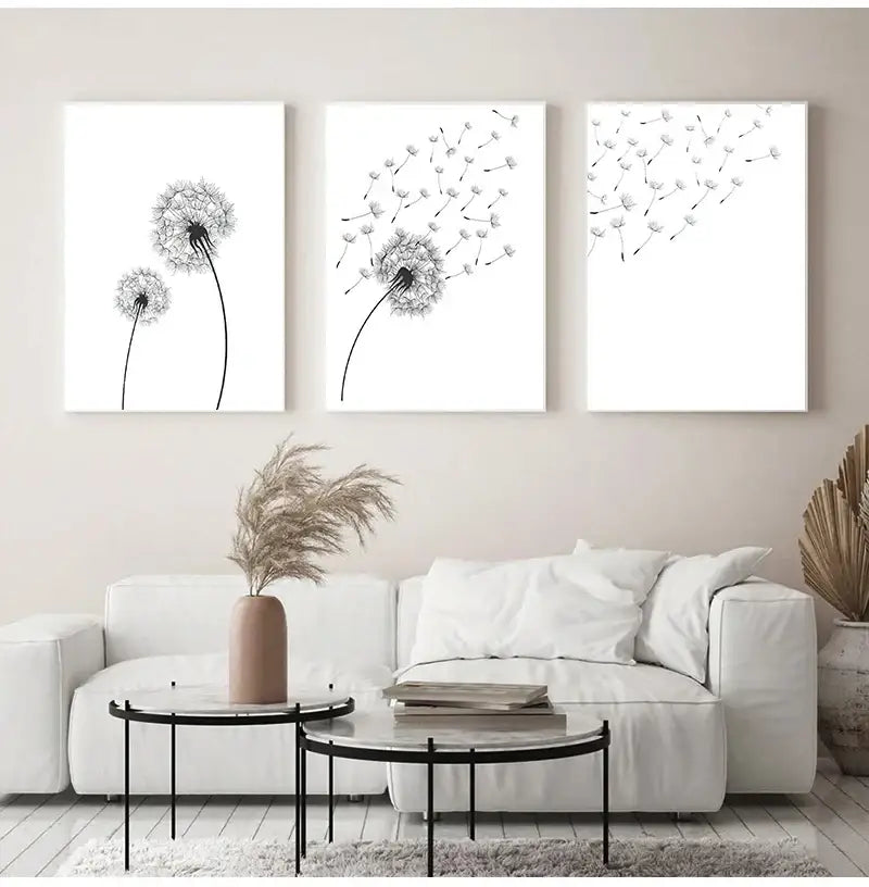 Set of three minimalist black and white dandelion canvas wall art prints from DecorBites for modern decor