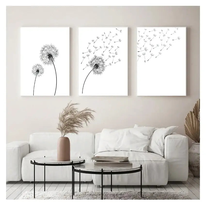 Set of three minimalist black and white dandelion canvas wall art prints from decorbites canvas wall decor collection