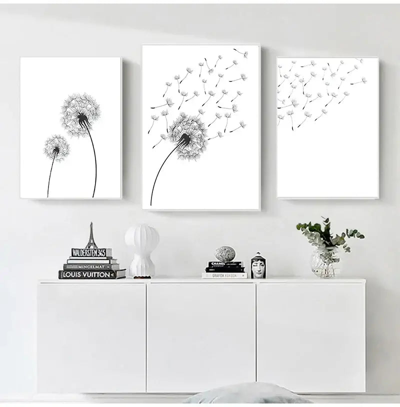Three framed black-and-white minimalist dandelion canvas wall art pieces from decorbites canvas wall set