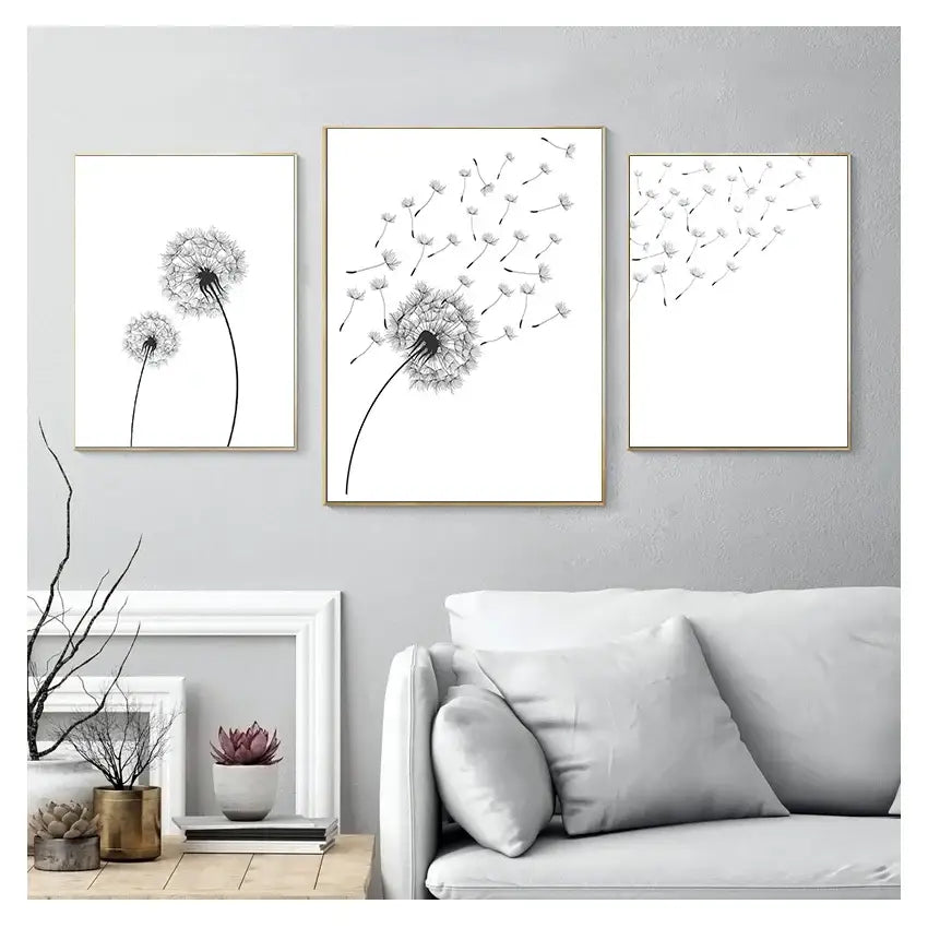 Set of three minimalist dandelion canvas wall art prints in gold frames by decorbites for elegant decor