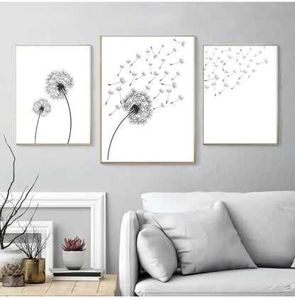 Set of three minimalist dandelion canvas wall art prints in thin gold frames by decorbites for modern decor