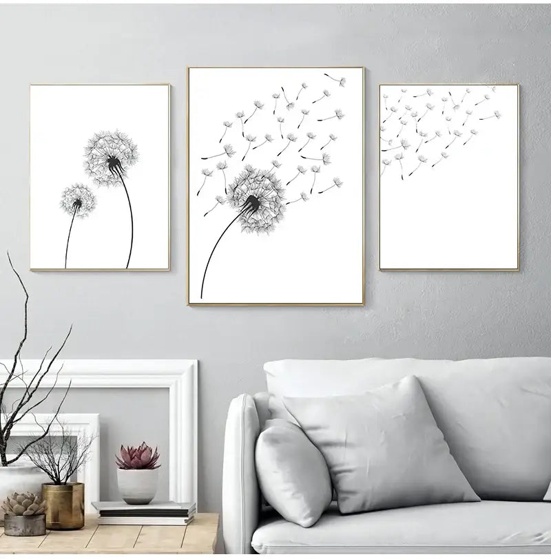 Set of three minimalist dandelion canvas wall art prints in thin gold frames by decorbites for modern decor