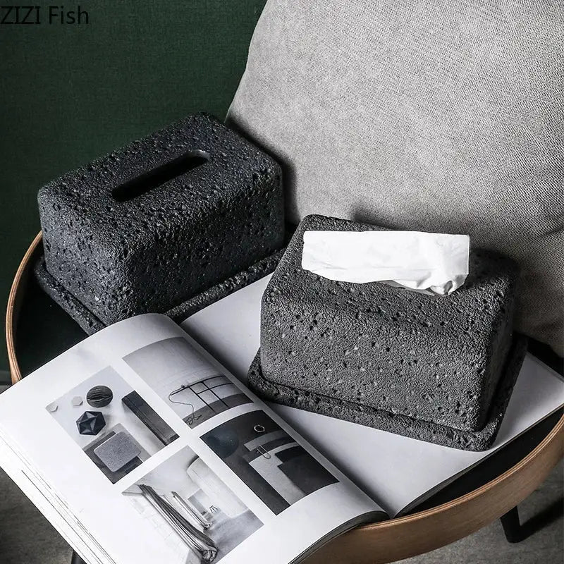 Minimalist dark gray textured concrete tissue box rack with rectangular slot and matching base for kitchen decor