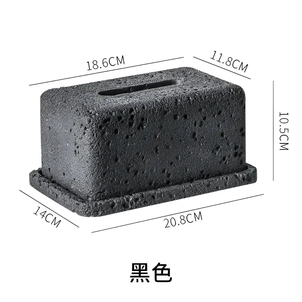 Minimalist dark gray concrete tissue box rack with black textured rectangular tissue box and integrated base for kitchen decor