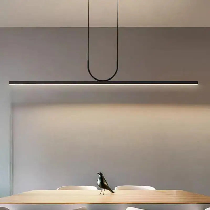 Minimalist decorbites black art led ceiling chandelier with sleek linear design hanging above wooden dining table