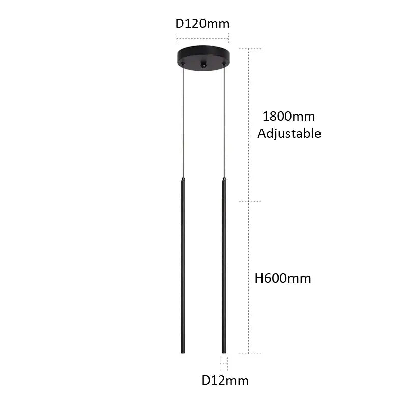 Black minimalist decorbites black slim led pendant lamp with two vertical rods and adjustable ceiling mount for dining room