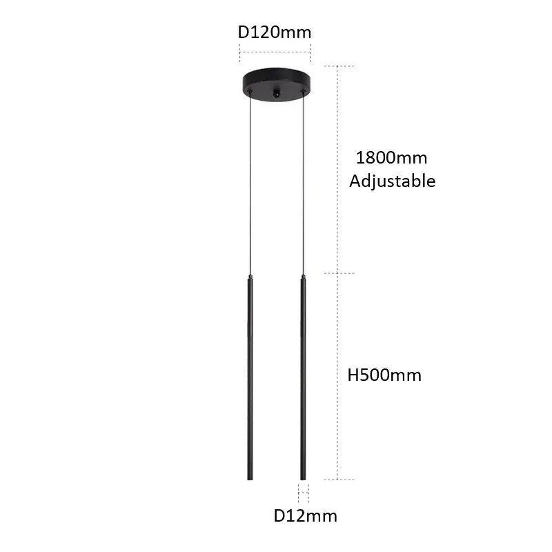 Minimalist decorbites black slim led pendant lamp with two vertical rods and adjustable ceiling mount for dining room lighting