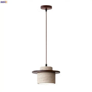 Minimalist pendant lamp with decorbites led yellow travertine and dark wood accents for dining room lighting