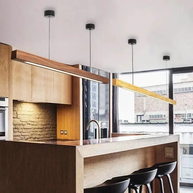 Modern wooden dimmable pendant lamp with sleek black fixtures for dining room lighting by decorbites