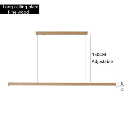 Minimalist dimmable wooden pendant lamp with a long pine wood ceiling plate in natural light brown for dining room lighting