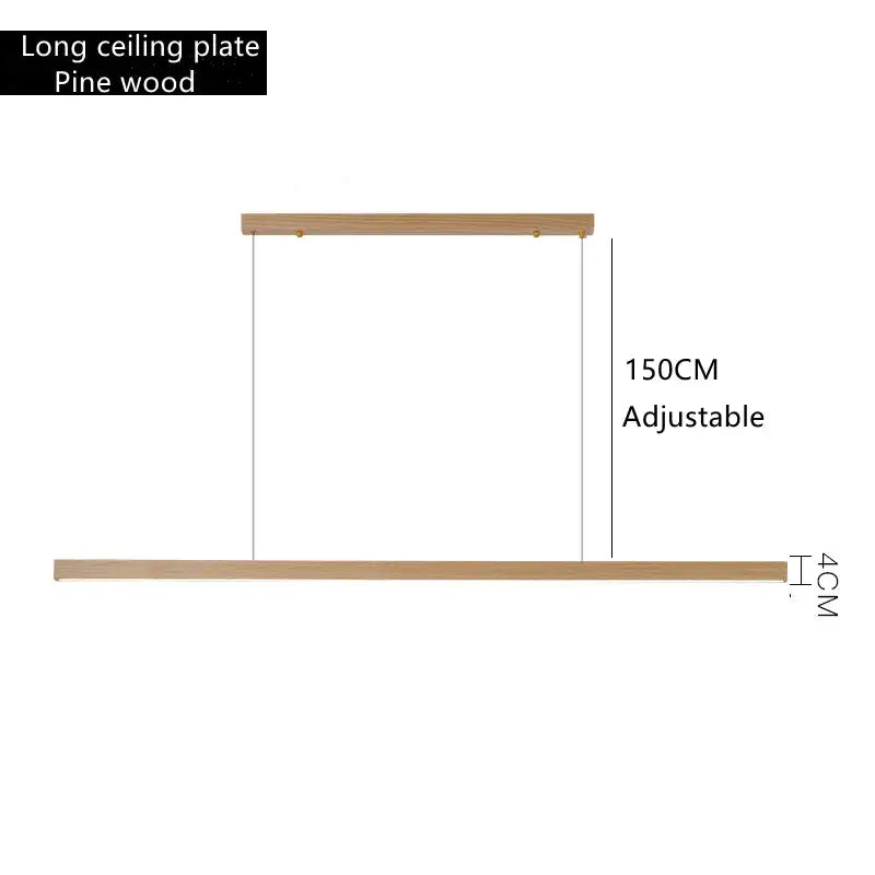 Minimalist dimmable wooden pendant lamp with a long pine wood ceiling plate in natural light brown for dining room lighting