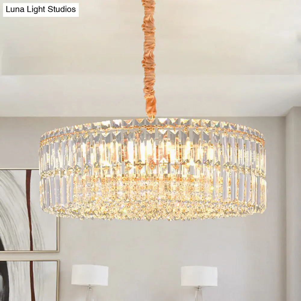 Lámpara colgante minimalista de cristal en forma de tambor con cristales transparentes en capas y 6 bombillas