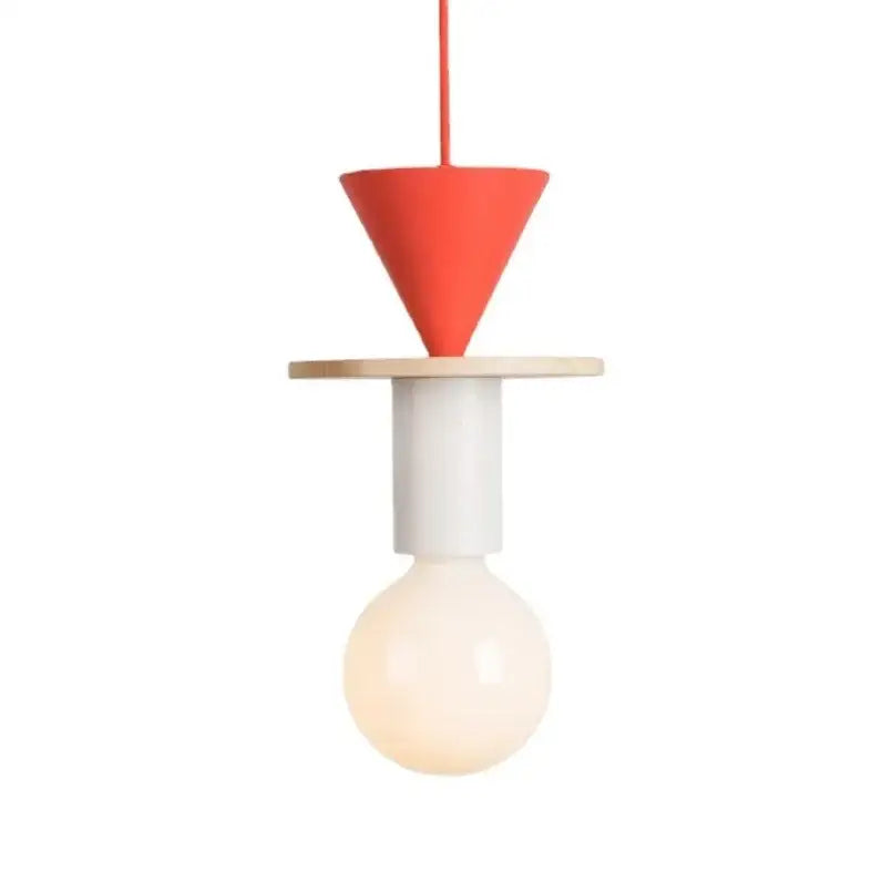 A minimalist pendant light with a vibrant red shade, white stem, wooden disc accent, perfect for dining room decorbites colorful nordic wood