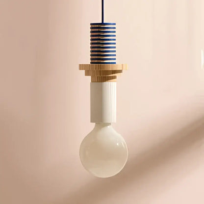 Minimalist earth tone pendant light with striped blue and white ceramic top wooden accents and frosted glass bulb decorbites colorful nordic wood