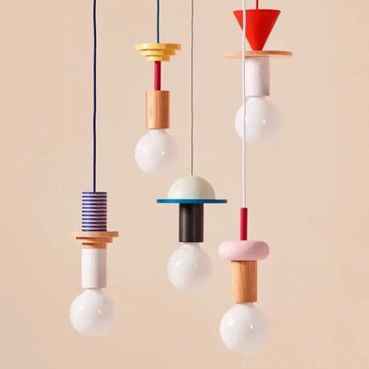 Colorful nordic wood pendant light with geometric shapes in earth tones featuring wooden and ceramic accents for dining room decorbites colorful nordic