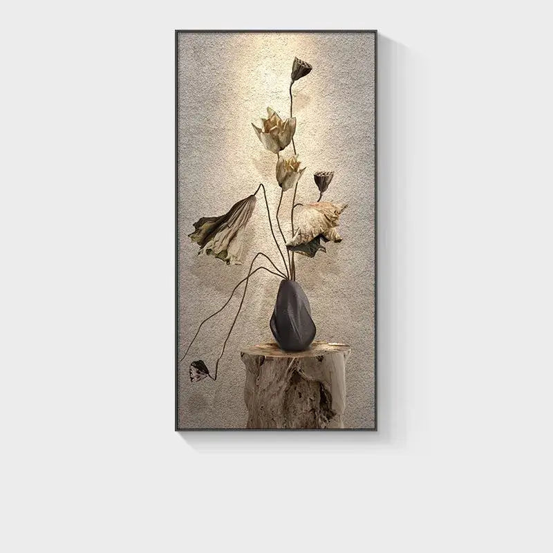 Minimalist black ceramic vase with dried lotus flowers decorates a bedroom led wall lamp canvas for earthy ambiance