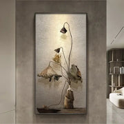 Minimalist earthy lotus led wall lamp with framed canvas print of dried lotus flowers in rustic ceramic vase for bedroom decor
