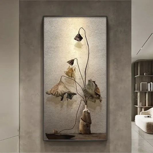 Minimalist earthy lotus led wall lamp with framed canvas print of dried lotus flowers in rustic ceramic vase for bedroom decor