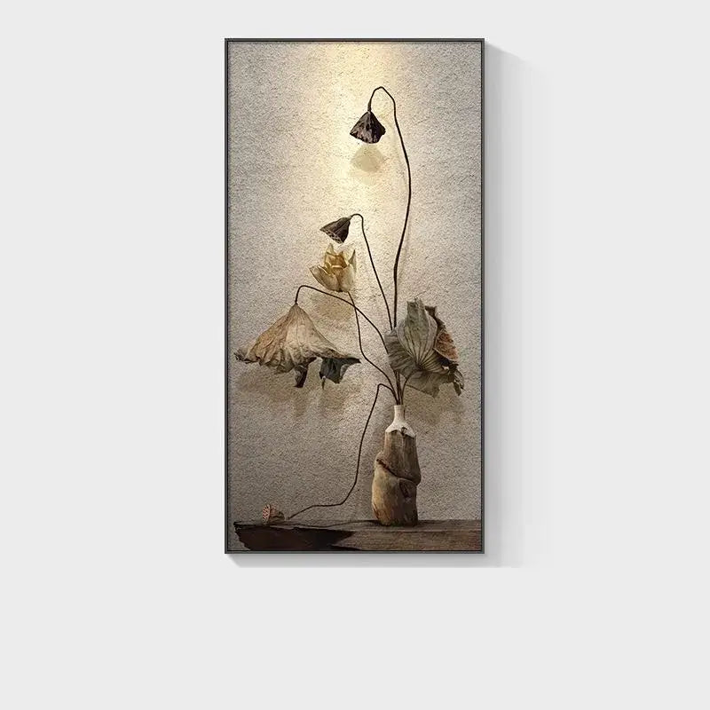Minimalist earthy lotus led wall lamp featuring dried lotus flowers in a rustic ceramic vase for bedroom canvas decor
