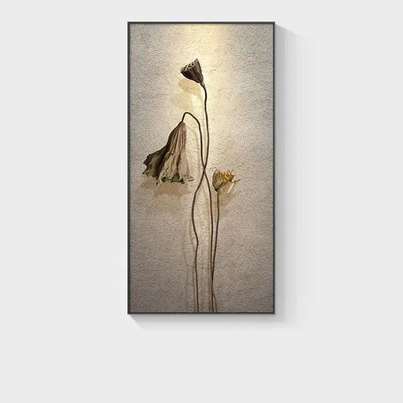 Minimalist earthy lotus led wall lamp featuring three dried lotus pods on a muted canvas print for bedroom decor