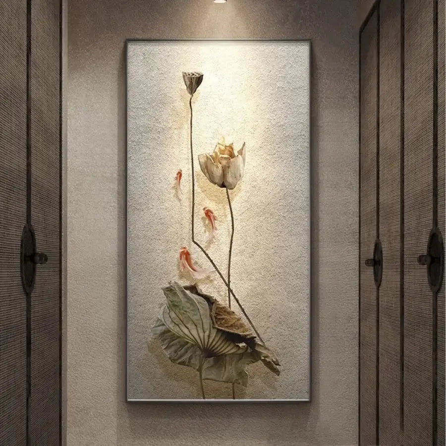 Minimalist earthy lotus led wall lamp with sculpted lotus flower and fish design in muted beige and metallic tones