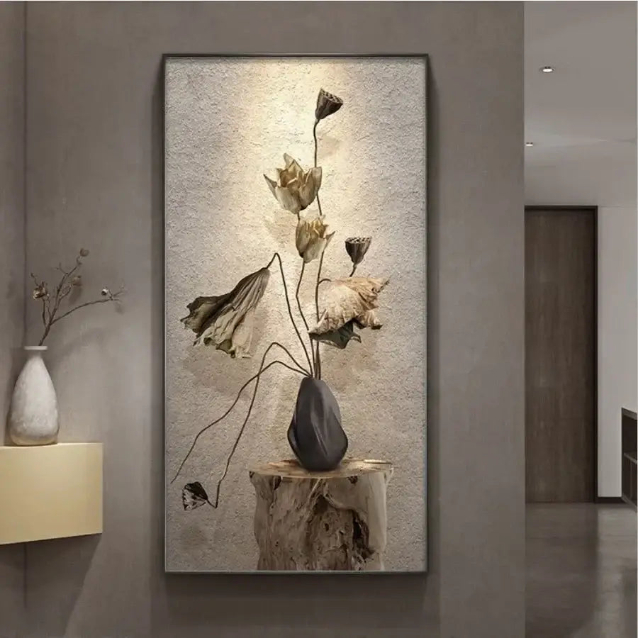 A minimalist earthy lotus led wall lamp with a dark textured vase and dried lotus flowers on a rustic wooden stump