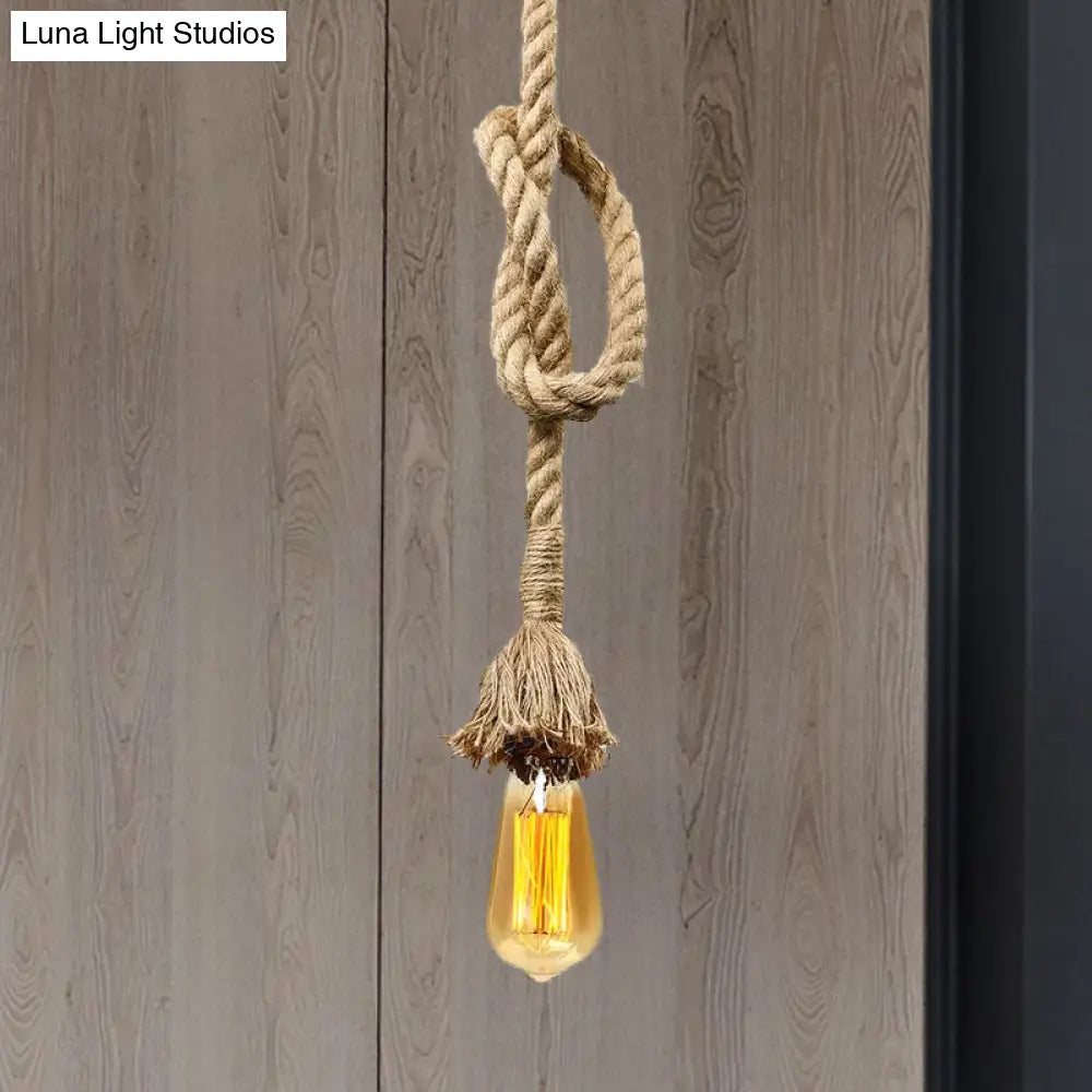 Minimalist Exposed Hanging Lamp: Adjustable Ceiling Light Fixture with Natural Rope, Beige Shade