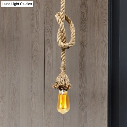 Minimalist Exposed Hanging Lamp: Adjustable Ceiling Light Fixture with Natural Rope, Beige Shade